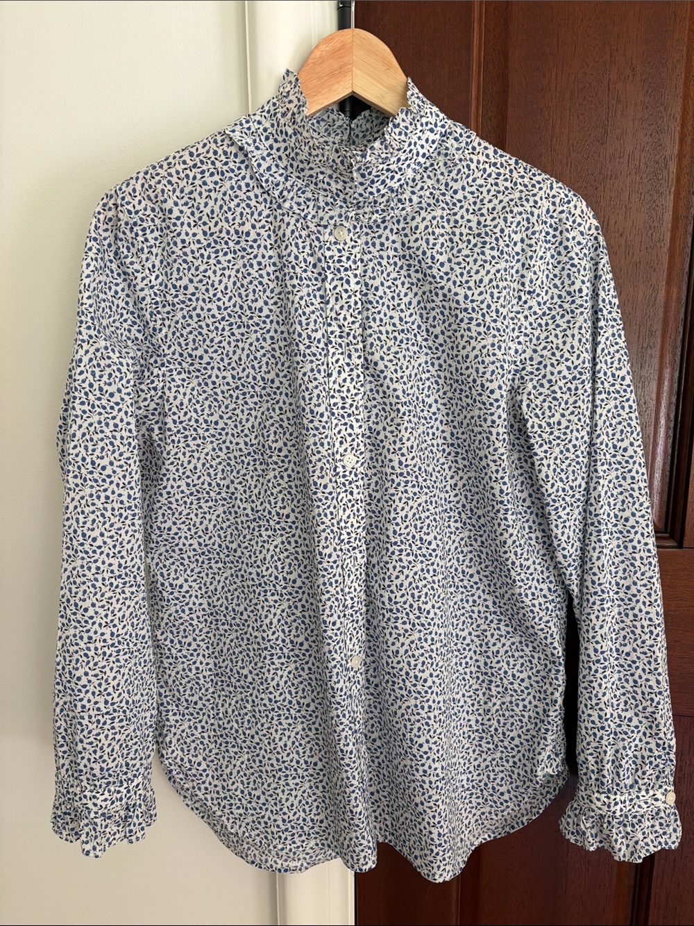 J. Crew Womens White Blouse with Blue Floral Print